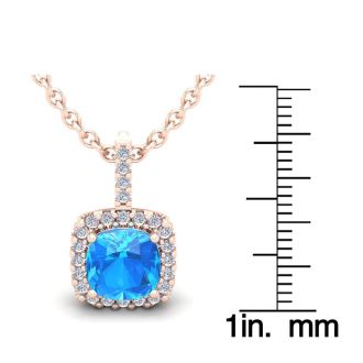 3 Carat Cushion Cut Blue Topaz and Halo Diamond Necklace In 14 Karat Rose Gold, 18 Inches