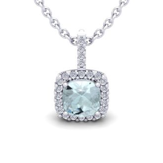 Aquamarine Necklace: Aquamarine Jewelry: 2 1/2 Carat Cushion Cut Aquamarine and Halo Diamond Necklace In 14 Karat White Gold, 18 Inches