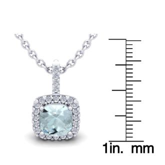 Aquamarine Necklace: Aquamarine Jewelry: 2 1/2 Carat Cushion Cut Aquamarine and Halo Diamond Necklace In 14 Karat White Gold, 18 Inches