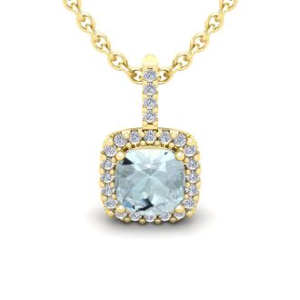 Aquamarine Necklace: Aquamarine Jewelry: 2 1/2 Carat Cushion Cut Aquamarine and Halo Diamond Necklace In 14 Karat Yellow Gold, 18 Inches