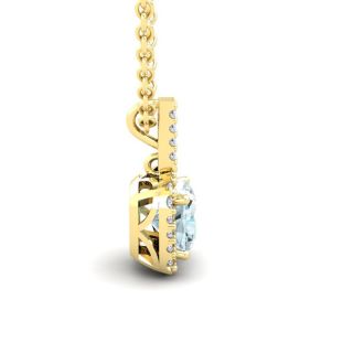 Aquamarine Necklace: Aquamarine Jewelry: 2 1/2 Carat Cushion Cut Aquamarine and Halo Diamond Necklace In 14 Karat Yellow Gold, 18 Inches