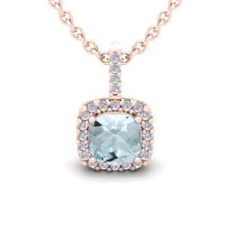 Aquamarine Necklace: Aquamarine Jewelry: 2 1/2 Carat Cushion Cut Aquamarine and Halo Diamond Necklace In 14 Karat Rose Gold, 18 Inches