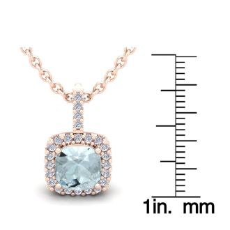 Aquamarine Necklace: Aquamarine Jewelry: 2 1/2 Carat Cushion Cut Aquamarine and Halo Diamond Necklace In 14 Karat Rose Gold, 18 Inches