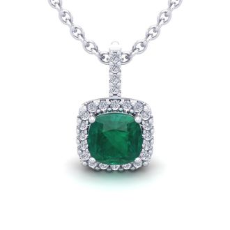 2-1/2 Carat Cushion Shape Emerald Necklaces With Diamond Halo In 14 Karat White Gold, 18 Inch Chain