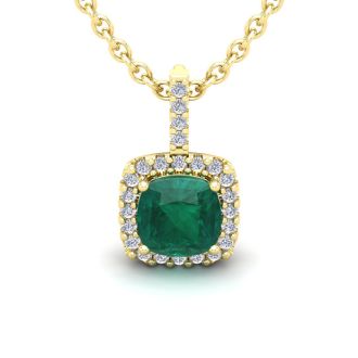 2-1/2 Carat Cushion Shape Emerald Necklaces With Diamond Halo In 14 Karat Yellow Gold, 18 Inch Chain