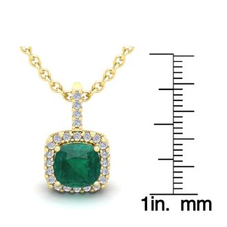 2-1/2 Carat Cushion Shape Emerald Necklaces With Diamond Halo In 14 Karat Yellow Gold, 18 Inch Chain