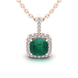 2-1/2 Carat Cushion Shape Emerald Necklaces With Diamond Halo In 14 Karat Rose Gold, 18 Inch Chain