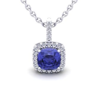 3 Carat Cushion Cut Tanzanite and Halo Diamond Necklace In 14 Karat White Gold, 18 Inches