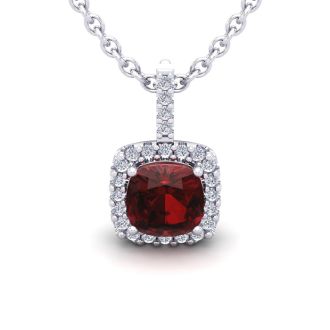Garnet Necklace: Garnet Jewelry: 3 1/2 Carat Cushion Cut Garnet and Halo Diamond Necklace In 14 Karat White Gold, 18 Inches