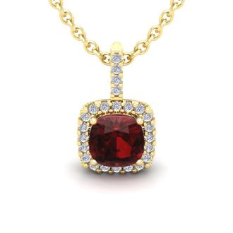 Garnet Necklace: Garnet Jewelry: 3 1/2 Carat Cushion Cut Garnet and Halo Diamond Necklace In 14 Karat Yellow Gold, 18 Inches