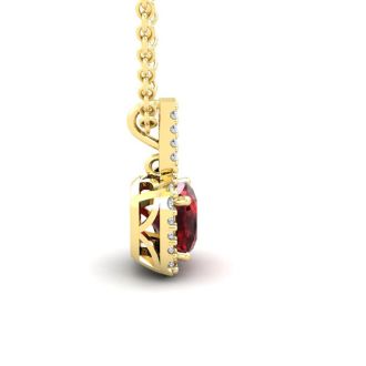 Garnet Necklace: Garnet Jewelry: 3 1/2 Carat Cushion Cut Garnet and Halo Diamond Necklace In 14 Karat Yellow Gold, 18 Inches
