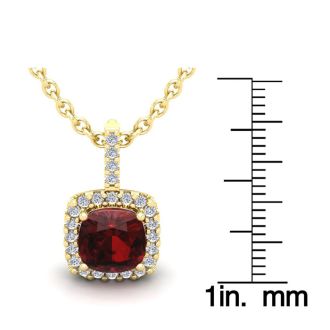 Garnet Necklace: Garnet Jewelry: 3 1/2 Carat Cushion Cut Garnet and Halo Diamond Necklace In 14 Karat Yellow Gold, 18 Inches