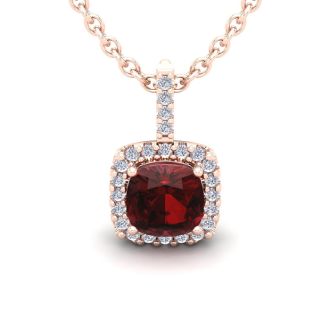 Garnet Necklace: Garnet Jewelry: 3 1/2 Carat Cushion Cut Garnet and Halo Diamond Necklace In 14 Karat Rose Gold, 18 Inches