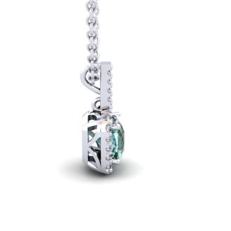 2 1/2 Carat Cushion Cut Green Amethyst and Halo Diamond Necklace In 14 Karat White Gold, 18 Inches