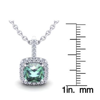2 1/2 Carat Cushion Cut Green Amethyst and Halo Diamond Necklace In 14 Karat White Gold, 18 Inches
