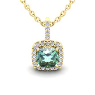2 1/2 Carat Cushion Cut Green Amethyst and Halo Diamond Necklace In 14 Karat Yellow Gold, 18 Inches