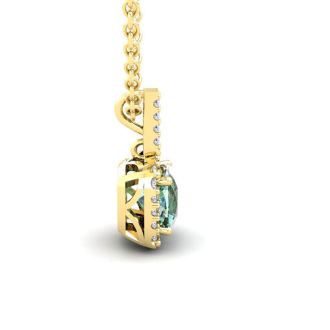 2 1/2 Carat Cushion Cut Green Amethyst and Halo Diamond Necklace In 14 Karat Yellow Gold, 18 Inches