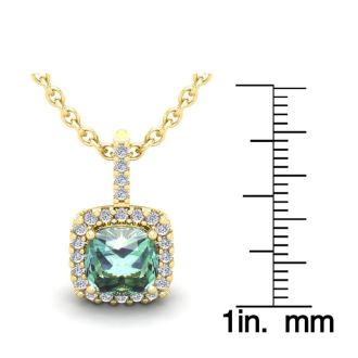 2 1/2 Carat Cushion Cut Green Amethyst and Halo Diamond Necklace In 14 Karat Yellow Gold, 18 Inches
