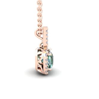 2 1/2 Carat Cushion Cut Green Amethyst and Halo Diamond Necklace In 14 Karat Rose Gold, 18 Inches