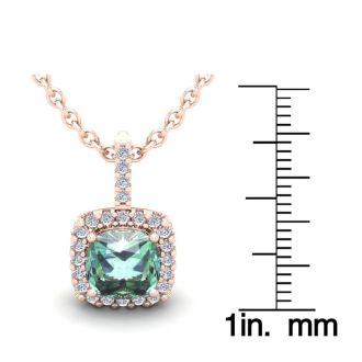2 1/2 Carat Cushion Cut Green Amethyst and Halo Diamond Necklace In 14 Karat Rose Gold, 18 Inches