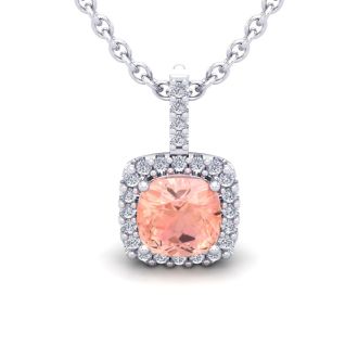 3-1/2 Carat Cushion Shape Morganite with Diamond Halo In 14 Karat White Gold With 18 Inch Chain