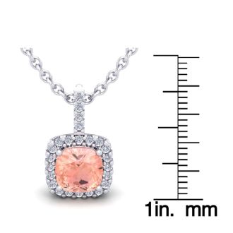 3-1/2 Carat Cushion Shape Morganite with Diamond Halo In 14 Karat White Gold With 18 Inch Chain