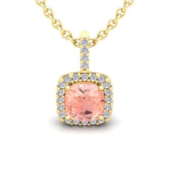 3-1/2 Carat Cushion Shape Morganite with Diamond Halo In 14 Karat Yellow Gold With 18 Inch Chain