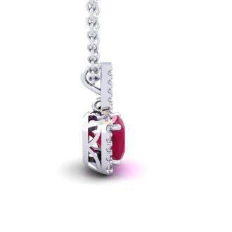 3 1/2 Carat Cushion Cut Ruby and Halo Diamond Necklace In 14 Karat White Gold, 18 Inches