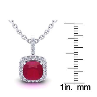 3 1/2 Carat Cushion Cut Ruby and Halo Diamond Necklace In 14 Karat White Gold, 18 Inches