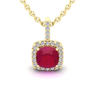 3 1/2 Carat Cushion Cut Ruby and Halo Diamond Necklace In 14 Karat Yellow Gold, 18 Inches