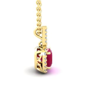 3 1/2 Carat Cushion Cut Ruby and Halo Diamond Necklace In 14 Karat Yellow Gold, 18 Inches
