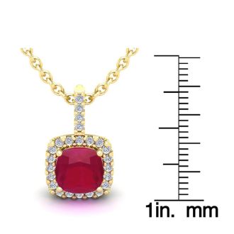 3 1/2 Carat Cushion Cut Ruby and Halo Diamond Necklace In 14 Karat Yellow Gold, 18 Inches