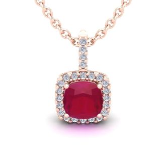 3 1/2 Carat Cushion Cut Ruby and Halo Diamond Necklace In 14 Karat Rose Gold, 18 Inches