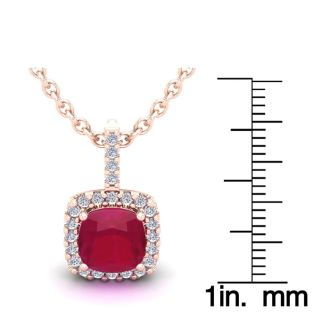 3 1/2 Carat Cushion Cut Ruby and Halo Diamond Necklace In 14 Karat Rose Gold, 18 Inches
