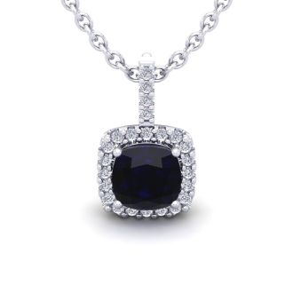 3 1/2 Carat Cushion Cut Sapphire and Halo Diamond Necklace In 14 Karat White Gold, 18 Inches