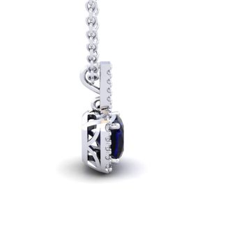 3 1/2 Carat Cushion Cut Sapphire and Halo Diamond Necklace In 14 Karat White Gold, 18 Inches