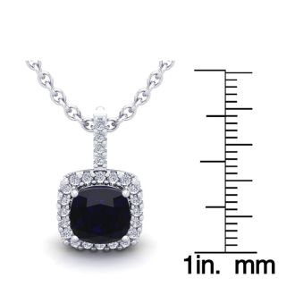 3 1/2 Carat Cushion Cut Sapphire and Halo Diamond Necklace In 14 Karat White Gold, 18 Inches