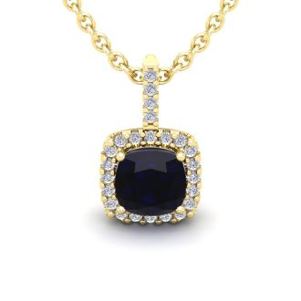 3 1/2 Carat Cushion Cut Sapphire and Halo Diamond Necklace In 14 Karat Yellow Gold, 18 Inches