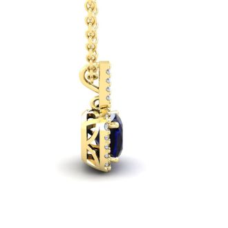 3 1/2 Carat Cushion Cut Sapphire and Halo Diamond Necklace In 14 Karat Yellow Gold, 18 Inches