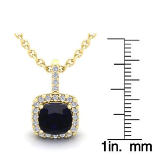 3 1/2 Carat Cushion Cut Sapphire and Halo Diamond Necklace In 14 Karat Yellow Gold, 18 Inches