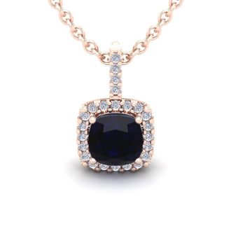 3 1/2 Carat Cushion Cut Sapphire and Halo Diamond Necklace In 14 Karat Rose Gold, 18 Inches