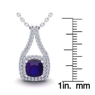 2 Carat Cushion Cut Amethyst and Double Halo Diamond Necklace In 14 Karat White Gold, 18 Inches