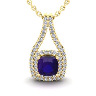 2 Carat Cushion Cut Amethyst and Double Halo Diamond Necklace In 14 Karat Yellow Gold, 18 Inches
