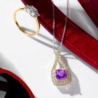 2 Carat Cushion Cut Amethyst and Double Halo Diamond Necklace In 14 Karat Yellow Gold, 18 Inches
