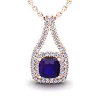 2 Carat Cushion Cut Amethyst and Double Halo Diamond Necklace In 14 Karat Rose Gold, 18 Inches
