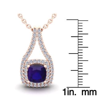 2 Carat Cushion Cut Amethyst and Double Halo Diamond Necklace In 14 Karat Rose Gold, 18 Inches
