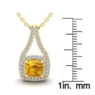 2 Carat Cushion Cut Citrine and Double Halo Diamond Necklace In 14 Karat Yellow Gold, 18 Inches
