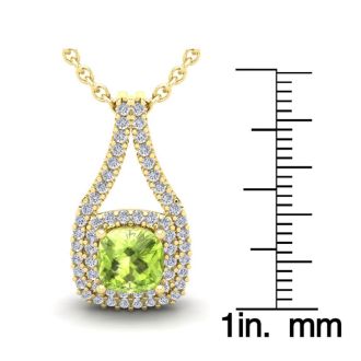 2 Carat Cushion Cut Peridot and Double Halo Diamond Necklace In 14 Karat Yellow Gold, 18 Inches