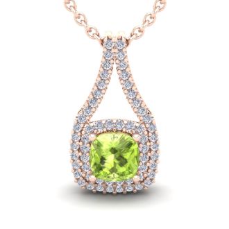 2 Carat Cushion Cut Peridot and Double Halo Diamond Necklace In 14 Karat Rose Gold, 18 Inches