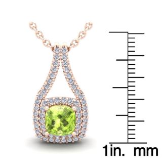 2 Carat Cushion Cut Peridot and Double Halo Diamond Necklace In 14 Karat Rose Gold, 18 Inches